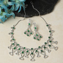 Rhodium-Plated Green American Diamond Studded Quirky Design Necklace with Earrings Jewellery Set
