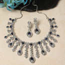Rhodium-Plated Navy Blue American Diamond Studded Teardrop Tasselled Necklace & Earrings Jewellery Set