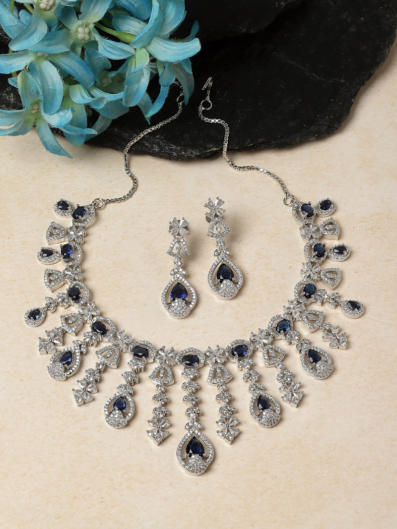 Rhodium-Plated Navy Blue American Diamond Studded Teardrop Tasselled Necklace & Earrings Jewellery Set