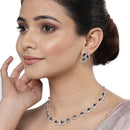 Rhodium-Plated with Silver-Toned Navy Blue and White Cubic Zirconia & American Diamond studded Necklace and Drop Earrings Jewellery Set