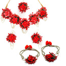 Red Pearl Gota Patti Flower Wedding Jewellery Set Combo