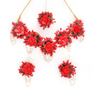 Red Pearl Gota Patti Flower Wedding Jewellery Set Combo