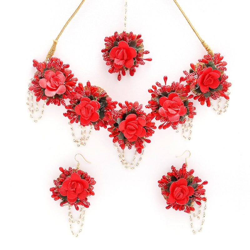 Red Pearl Gota Patti Flower Wedding Jewellery Set Combo