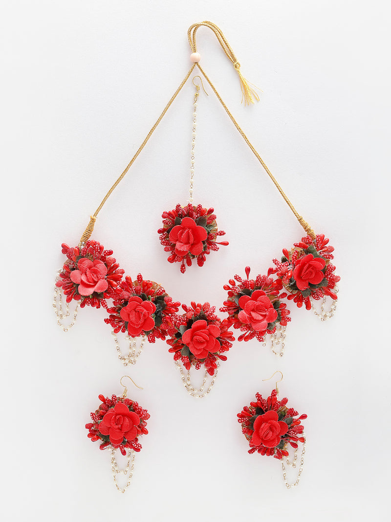 Red Pearl Gota Patti Flower Wedding Jewellery Set Combo