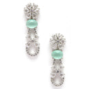 Rhodium-Plated Sea Green American Diamond studded Floral Shaped Drop Earrings
