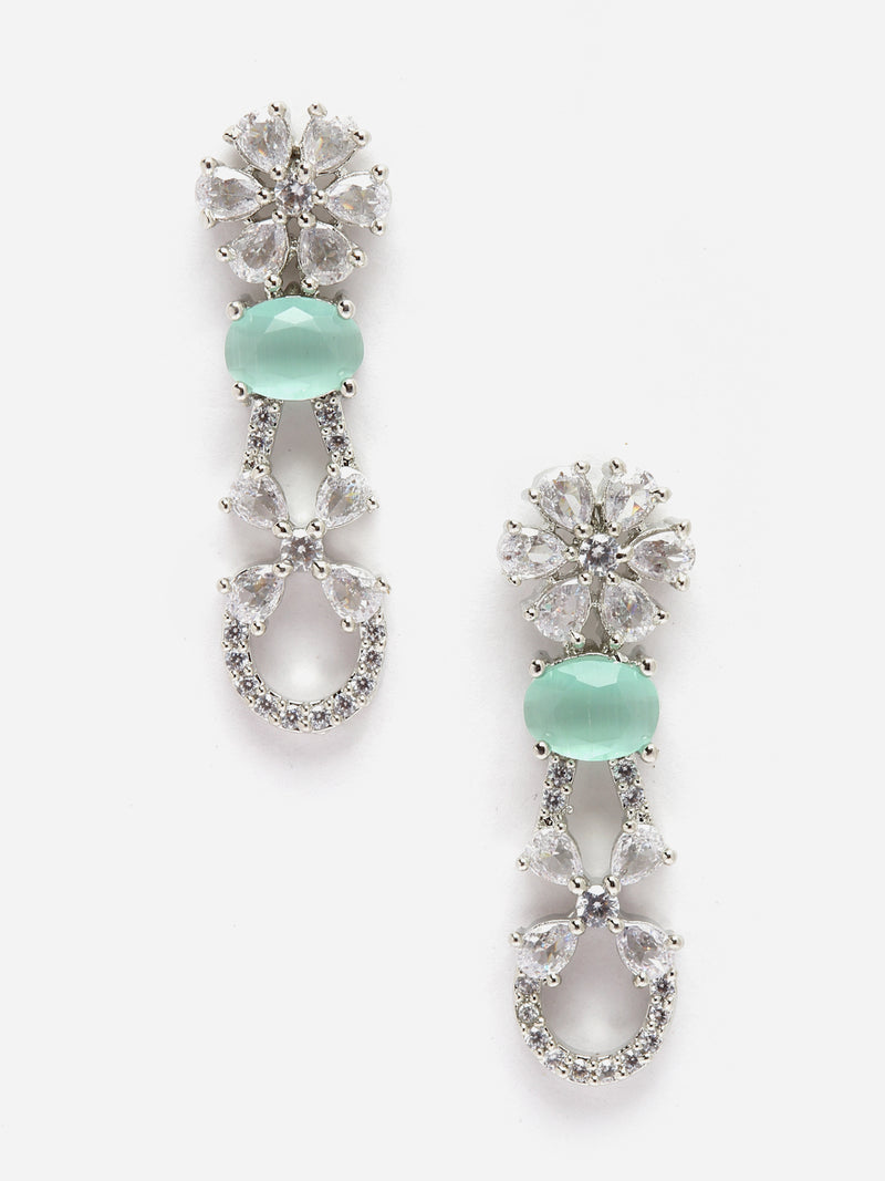 Rhodium-Plated Sea Green American Diamond studded Floral Shaped Drop Earrings
