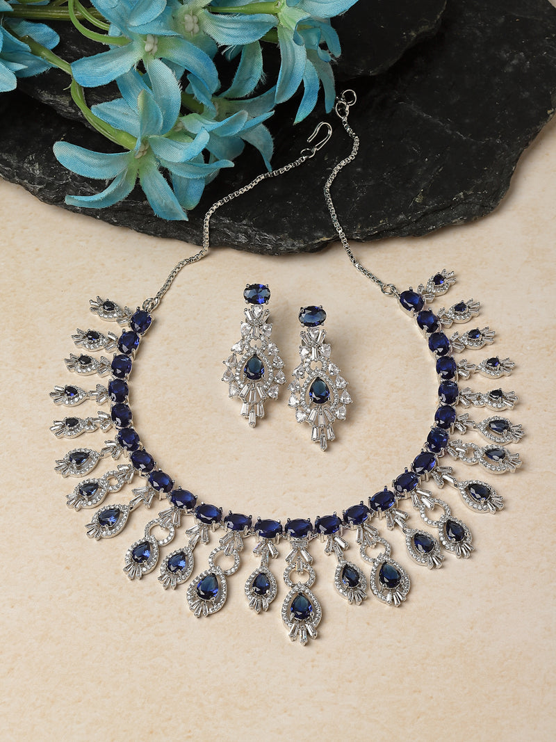 Rhodium-Plated Navy Blue American Diamond Studded Oval & Teardrop Shaped Necklace & Earrings Jewellery Set