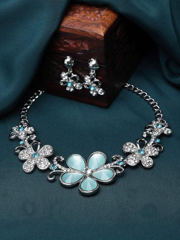 Rhodium-Plated Sea Green American Diamonds Studded Floweret Necklace & Earrings Jewellery Set