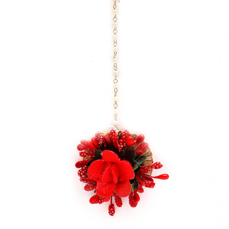 Red Pearl Gota Patti Flower Wedding Jewellery Set Combo