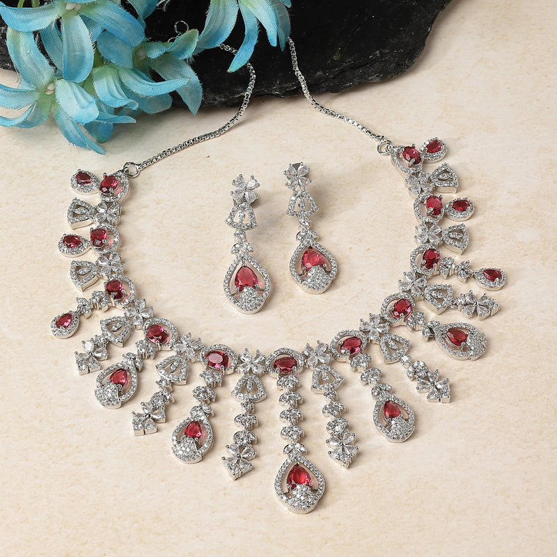 Rhodium-Plated Red American Diamond Studded Teardrop Tasselled Necklace & Earrings Jewellery Set