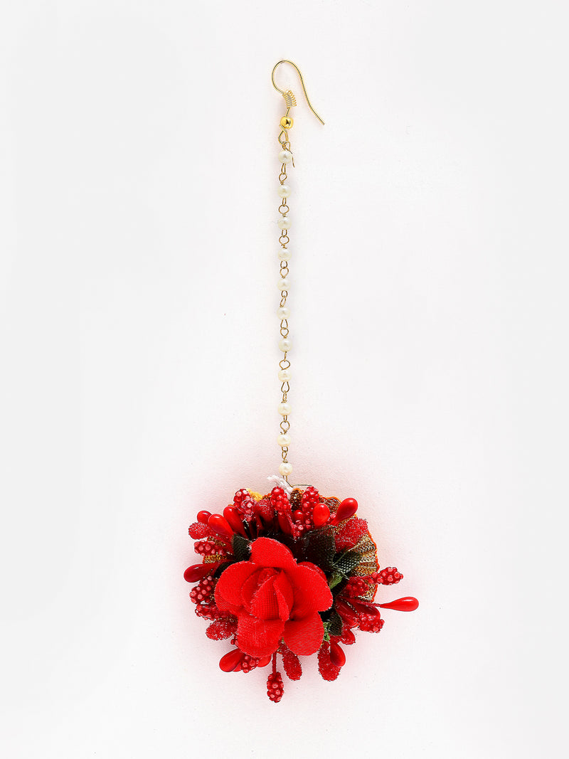 Red Pearl Gota Patti Flower Wedding Jewellery Set Combo