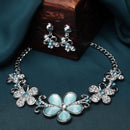 Rhodium-Plated Sea Green American Diamonds Studded Floweret Necklace & Earrings Jewellery Set