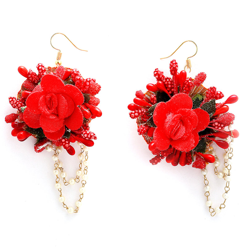 Red Pearl Gota Patti Flower Wedding Jewellery Set Combo
