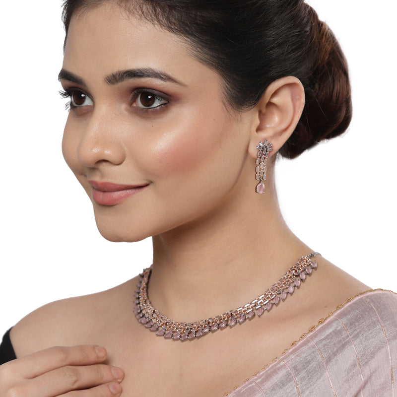 Rose Gold-Plated Pink and Rose Black American Diamond Studded Necklace & Earrings Jewellery Set