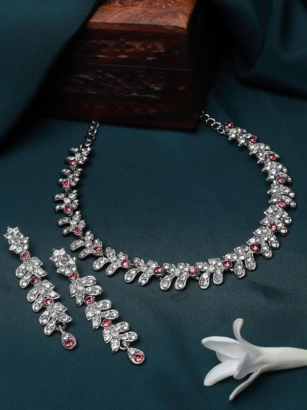 Rhodium-Plated Pink Cubic Zirconia Studded Leafy Shaped Necklace with Earrings Jewellery Set