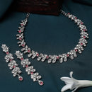 Rhodium-Plated Pink Cubic Zirconia Studded Leafy Shaped Necklace with Earrings Jewellery Set