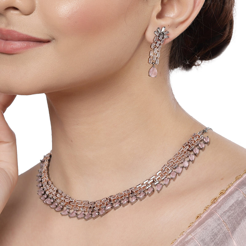Rose Gold-Plated Pink and Rose Black American Diamond Studded Necklace & Earrings Jewellery Set