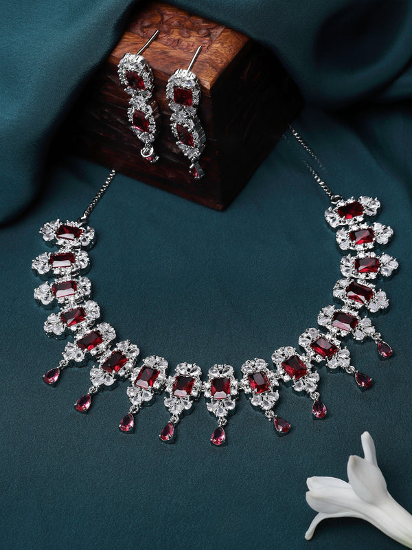 Rhodium-Plated Red American Diamonds Studded Teardrop & Cubical Necklace & Earrings Jewellery Set
