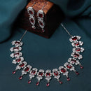 Rhodium-Plated Red American Diamonds Studded Teardrop & Cubical Necklace & Earrings Jewellery Set