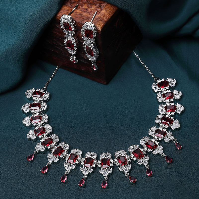 Rhodium-Plated Red American Diamonds Studded Teardrop & Cubical Necklace & Earrings Jewellery Set