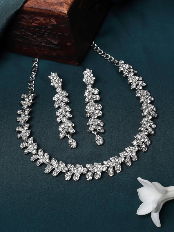 Rhodium-Plated White Cubic Zirconia Studded Leafy Shaped Necklace with Earrings Jewellery Set