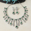 Rhodium-Plated Green American Diamond Studded Teardrop Tasselled Necklace & Earrings Jewellery Set