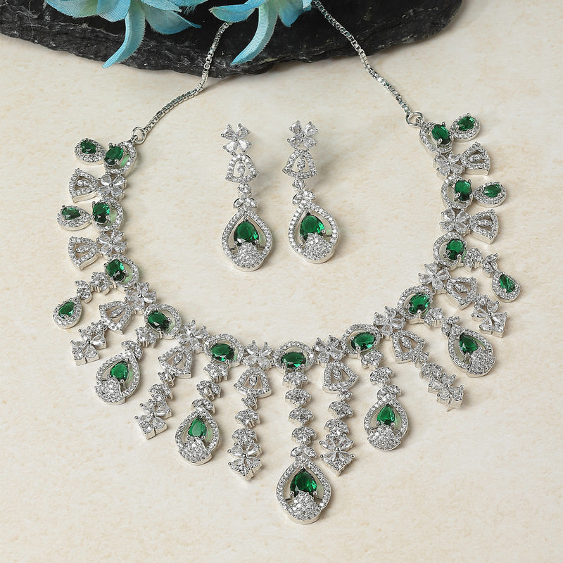 Rhodium-Plated Green American Diamond Studded Teardrop Tasselled Necklace & Earrings Jewellery Set