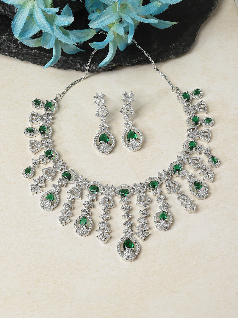 Rhodium-Plated Green American Diamond Studded Teardrop Tasselled Necklace & Earrings Jewellery Set