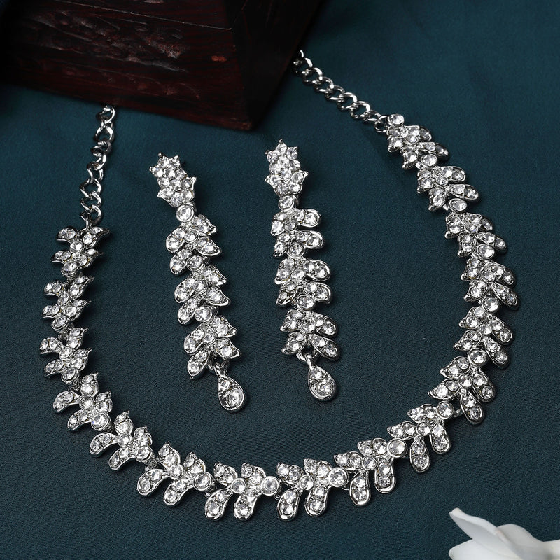Rhodium-Plated White Cubic Zirconia Studded Leafy Shaped Necklace with Earrings Jewellery Set