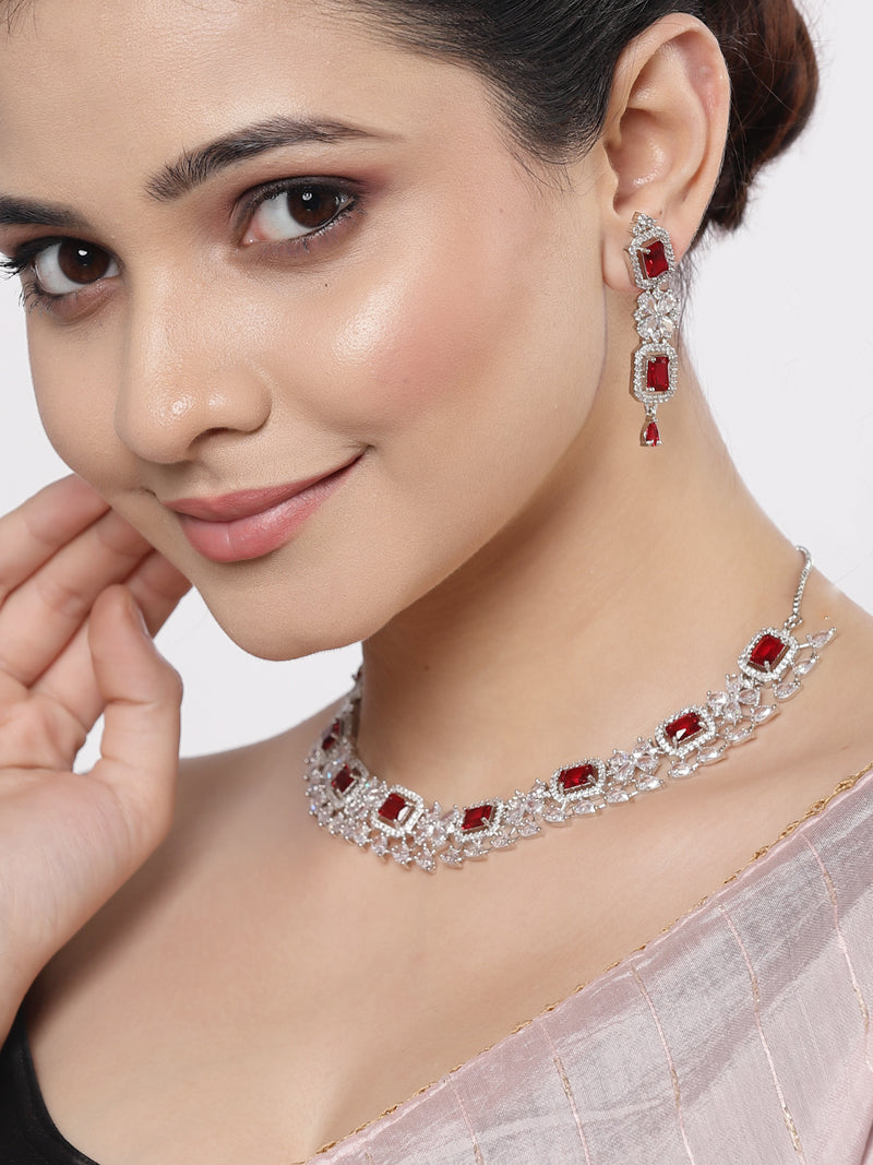 Rhodium-Plated with Silver-Toned Red and White American Diamond Studded Necklace and Earrings Jewellery Set