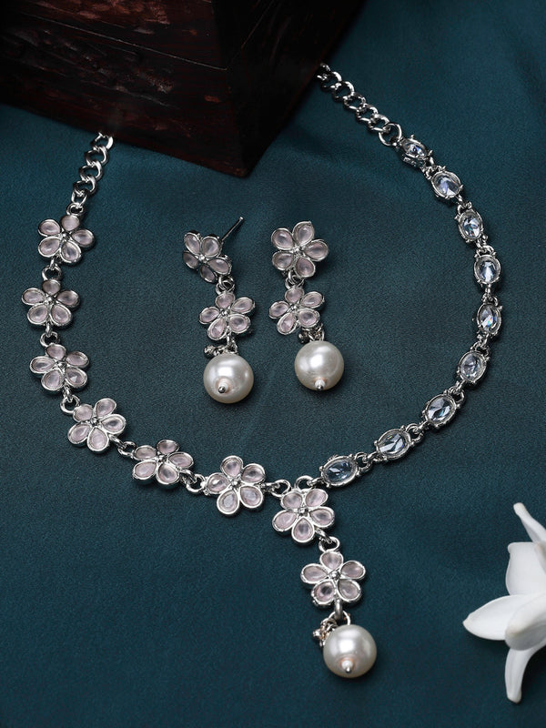 Rhodium-Plated Pink American Diamond & White Pearl Studded Floral Necklace & Earrings Jewellery Set