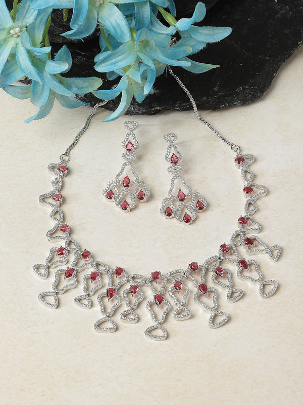 Rhodium-Plated Red American Diamond Studded Quirky Design Necklace with Earrings Jewellery Set