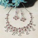 Rhodium-Plated Red American Diamond Studded Quirky Design Necklace with Earrings Jewellery Set