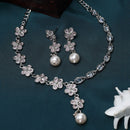 Rhodium-Plated Pink American Diamond & White Pearl Studded Floral Necklace & Earrings Jewellery Set