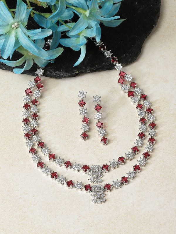 Rhodium-Plated Red American Diamond Studded Star Shaped Layered Necklace & Earrings Jewellery Set