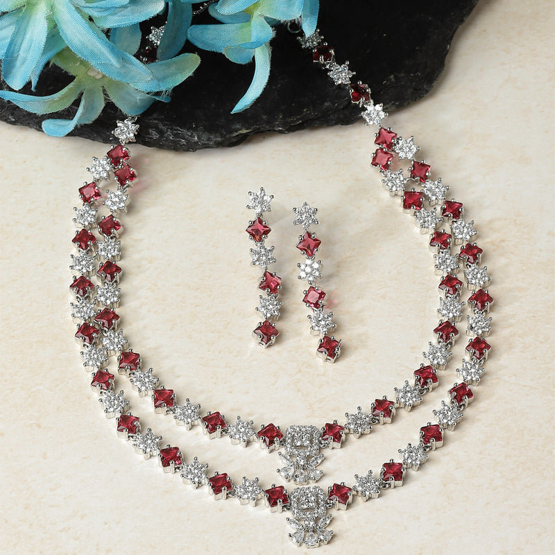 Rhodium-Plated Red American Diamond Studded Star Shaped Layered Necklace & Earrings Jewellery Set