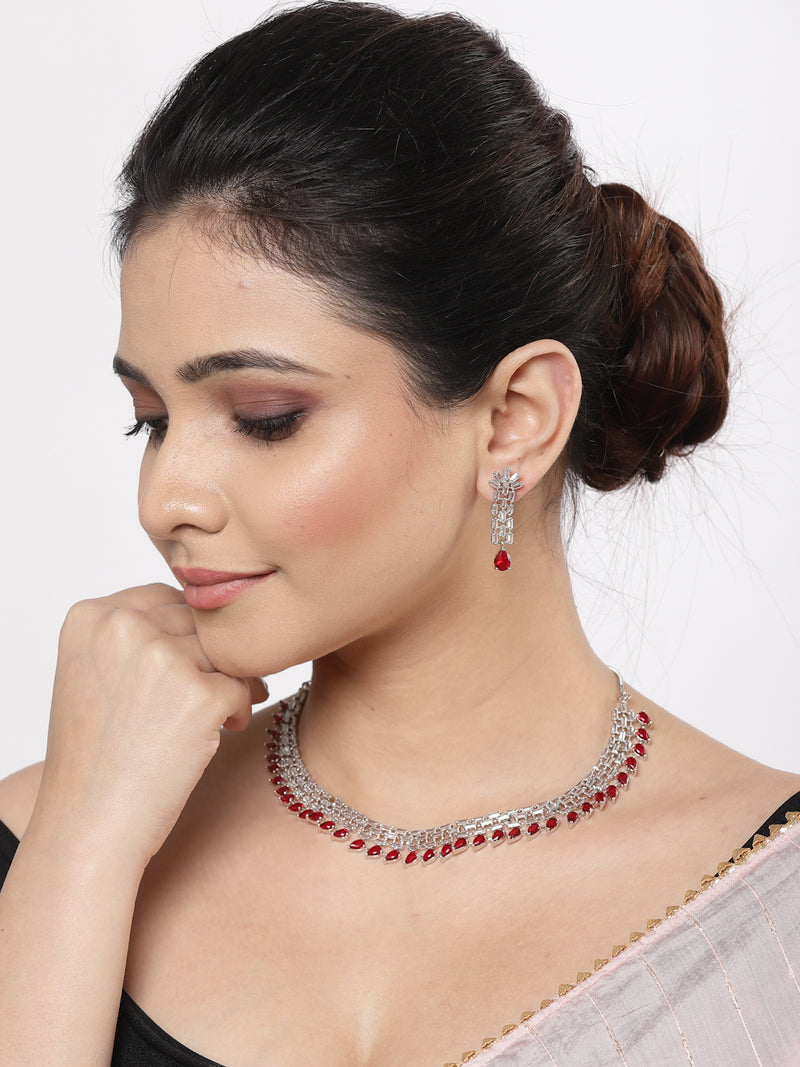 Rhodium-Plated with Silver-Toned Red and White American Diamond Studded Necklace & Earrings Jewellery Set