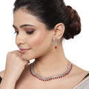 Rhodium-Plated with Silver-Toned Red and White American Diamond Studded Necklace & Earrings Jewellery Set