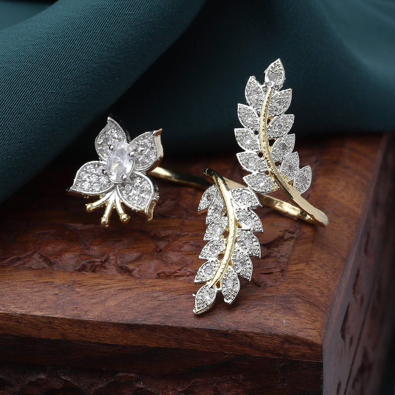 Gold-Plated  Butterfly & Leaf Shaped White Cubic Zirconia Studded  Ring