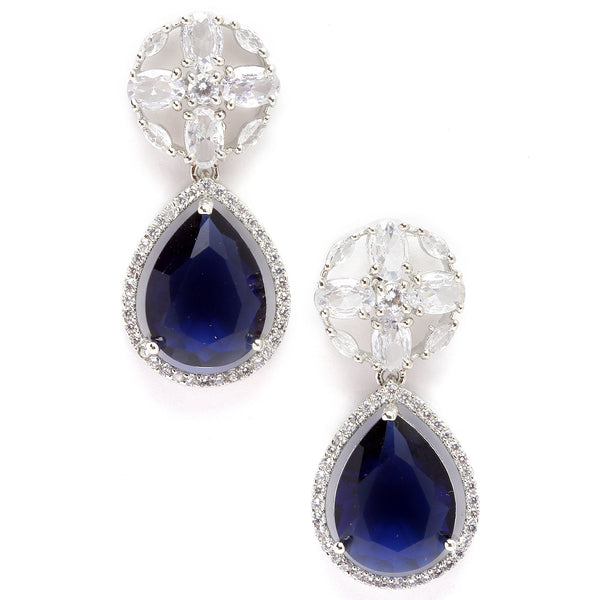 Rhodium-Plated Navy Blue & White American Diamond studded Teardrop & Floral Shaped Drop Earrings