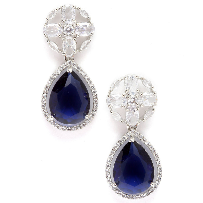 Rhodium-Plated Navy Blue & White American Diamond studded Teardrop & Floral Shaped Drop Earrings