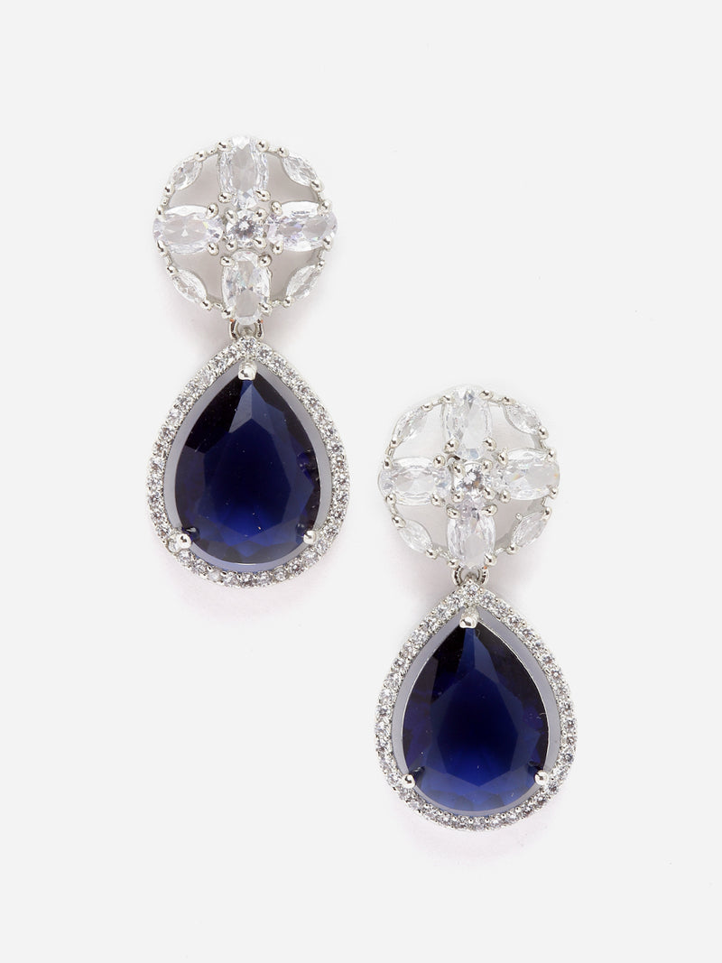 Rhodium-Plated Navy Blue & White American Diamond studded Teardrop & Floral Shaped Drop Earrings