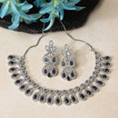 Rhodium-Plated Navy Blue American Diamond Studded Paisley Shaped Necklace & Earrings Jewellery Set
