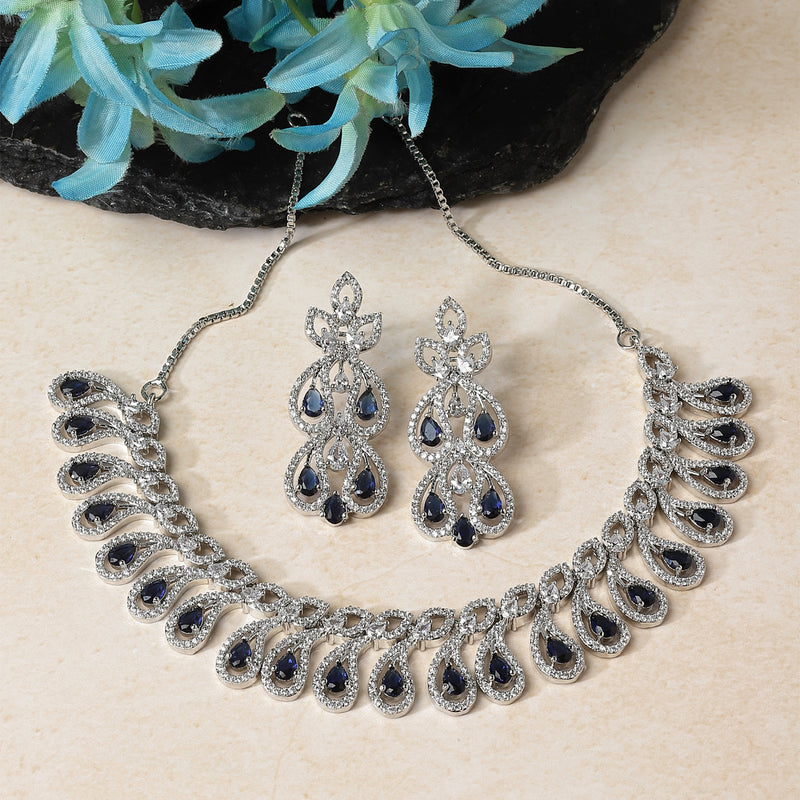 Rhodium-Plated Navy Blue American Diamond Studded Paisley Shaped Necklace & Earrings Jewellery Set