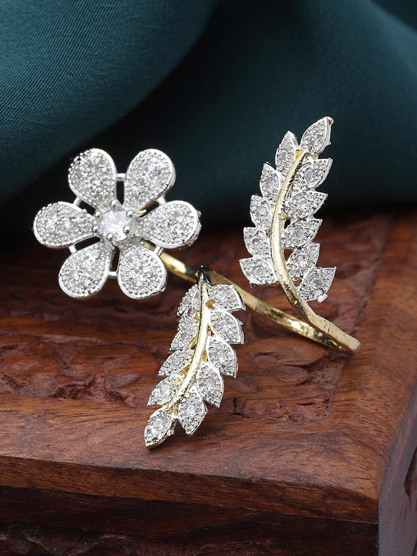Gold-Plated White American Diamond Studded Floral & Leaf Shaped Adjustable Finger Ring