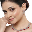 Rhodium-Plated with Silver-Toned Red and White American Diamond Studded Necklace & Earrings Jewellery Set