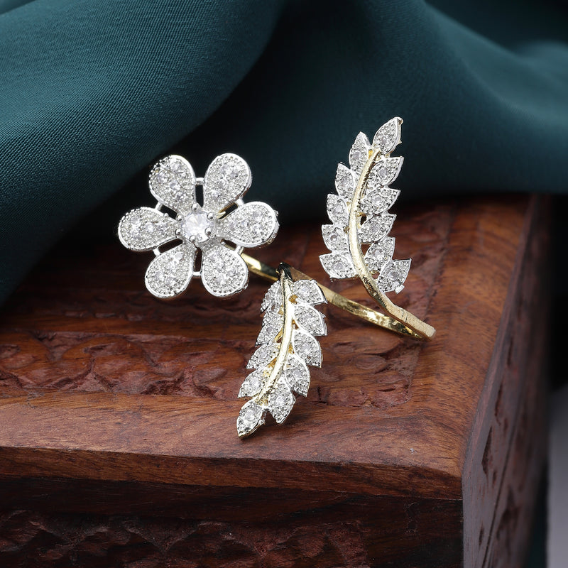 Gold-Plated Flower & Leaf Shaped White Cubic Zirconia Studded  Ring