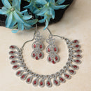 Rhodium-Plated Red American Diamond Studded Paisley Shaped Necklace & Earrings Jewellery Set