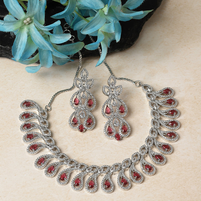 Rhodium-Plated Red American Diamond Studded Paisley Shaped Necklace & Earrings Jewellery Set