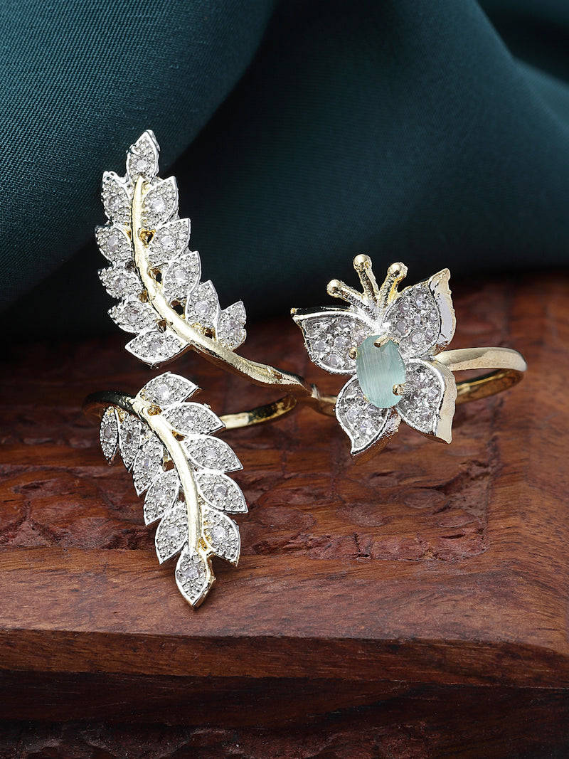 Gold-Plated Sea Green & White American Diamond Studded Butterfly-Leaf Shaped Adjustable Finger Ring